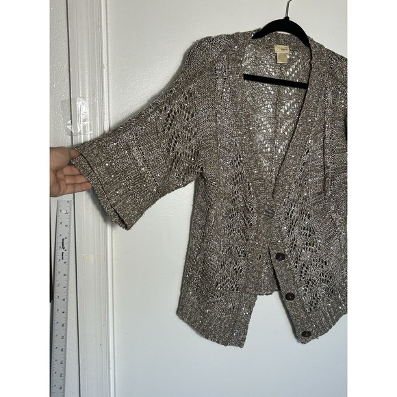 Daytrip Sequin Crochet Knit Cardigan Sweater XL Taupe Open Weave Boho Metallic - Picture 2 of 8